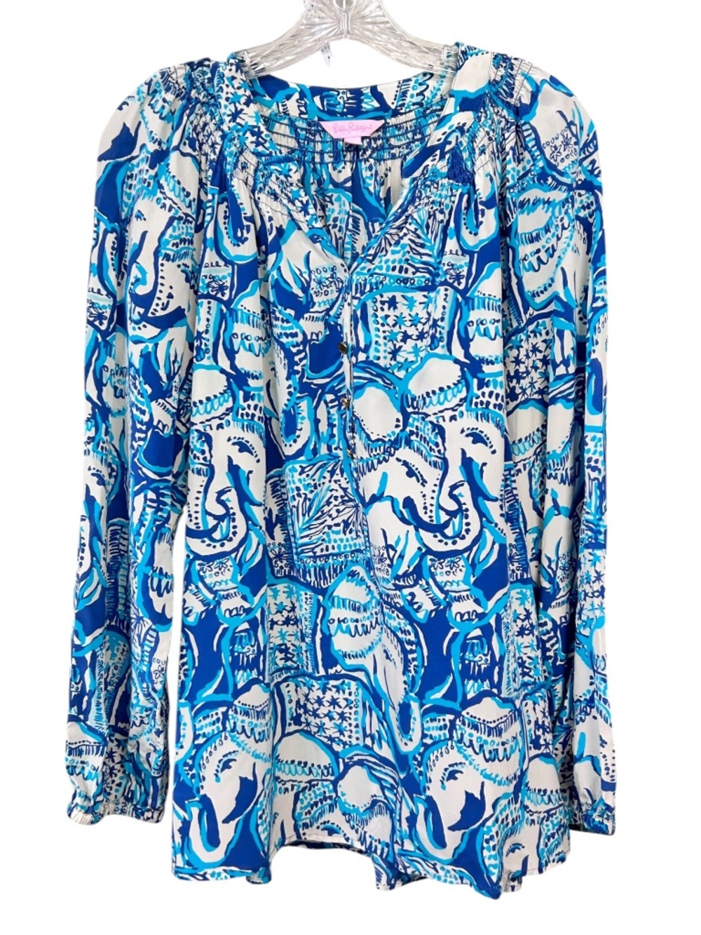 Lilly Pulitzer Elsa Silk Keep on Trunkin Blue Elephant Print Top Blouse Size XL
